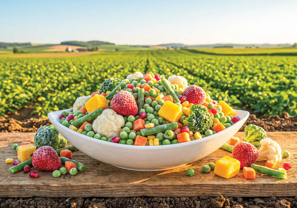 A bowl of IQF mixed vegetables and fruit standing in the field